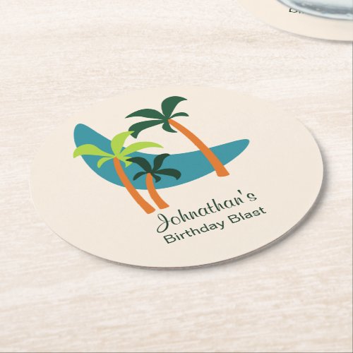 Mid Century Modern Palm Oasis Party Round Paper Coaster