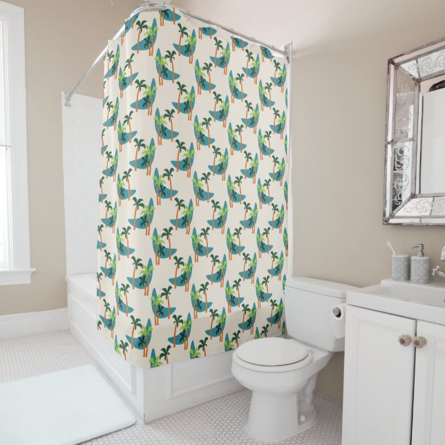 Mid Century Modern Palm Oasis Pattern Shower Curtain (In Situ)