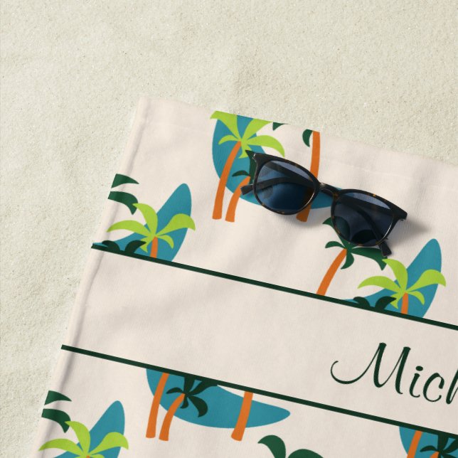Mid Century Modern Palm Oasis Personalized Name Beach Towel (In Situ)