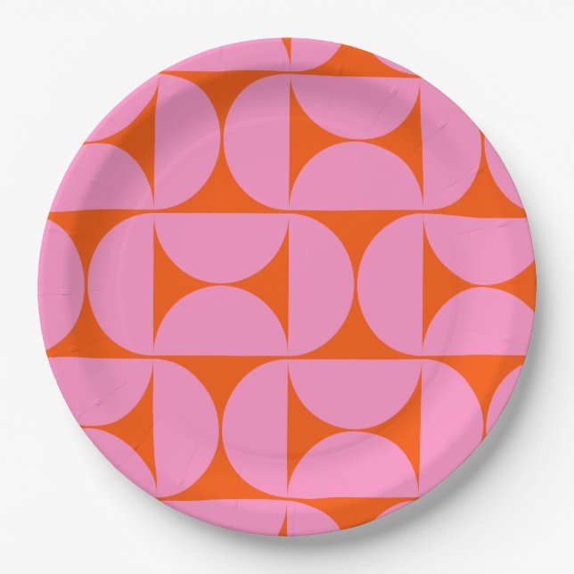 Mid Century Modern Pattern Preppy Pink And Orange Paper Plates (Front)
