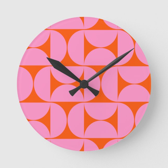 Mid Century Modern Pattern Preppy Pink And Orange Round Clock (Front)