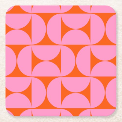 Mid Century Modern Pattern Preppy Pink And Orange Square Paper Coaster