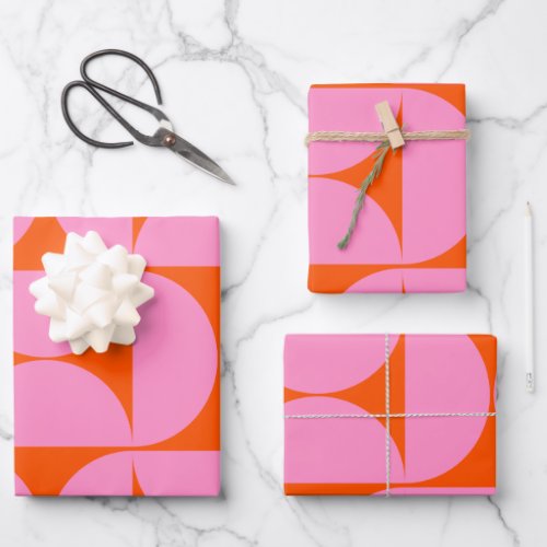 Mid Century Modern Pattern Preppy Pink And Orange Wrapping Paper Sheets