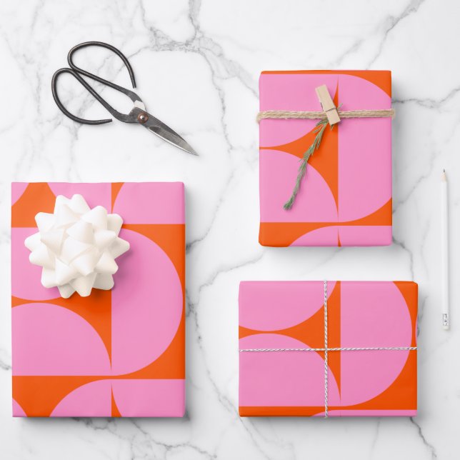 Mid Century Modern Pattern Preppy Pink And Orange Wrapping Paper Sheets (Front)
