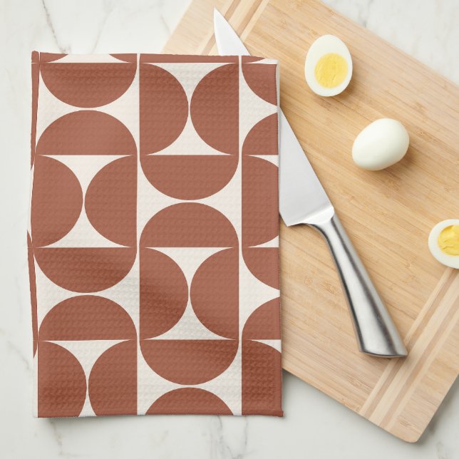 Mid Century Modern Pattern Rust Terracotta Kitchen Towel (Quarter Fold)