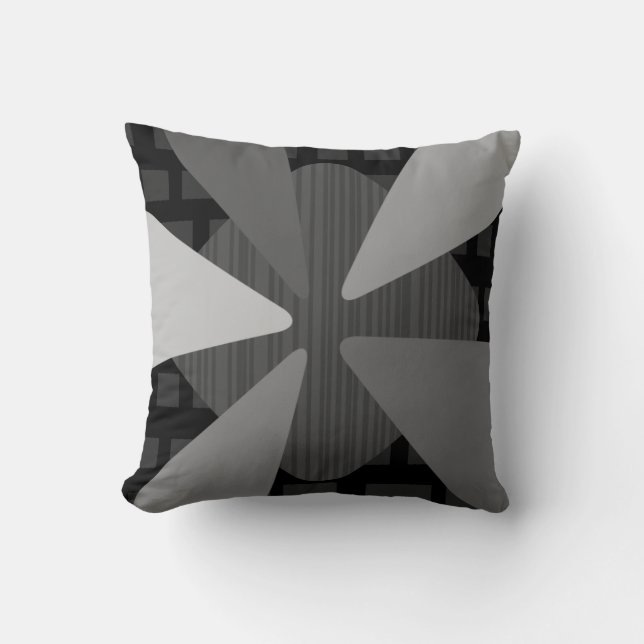 Mid Century Modern ‘Petals’ Art Black Gray Throw Pillow (Front)