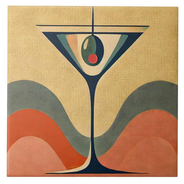 Mid Century Modern "pimento olive martini wave" Ceramic Tile (Front)