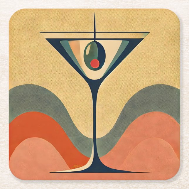 Mid Century Modern "pimento olive martini wave" Square Paper Coaster (Front)