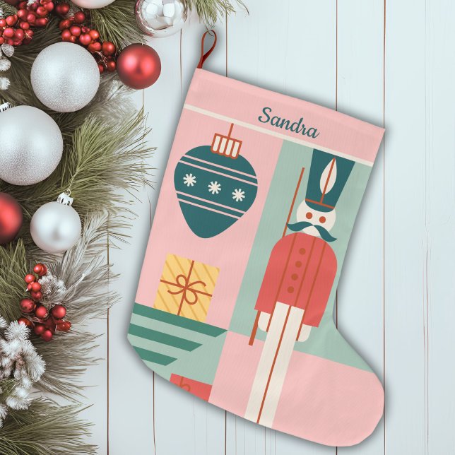 Mid-Century Modern Pink And Green Personalized Large Christmas Stocking (Mid-Century Modern Pink And Green Personalized Large Christmas Stocking)