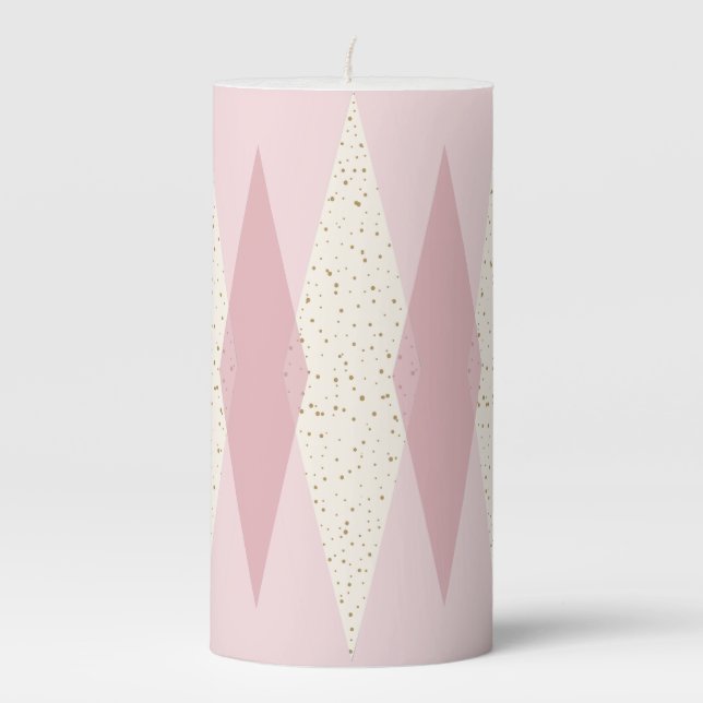 Mid Century Modern Pink Argyle Pillar Candle (Front)