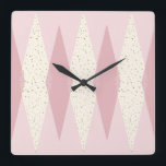 Mid Century Modern Pink Argyle Square Wall Clock<br><div class="desc">This Mid Century Modern Pink Argyle Square Acrylic Wall Clock (large print) pattern features a First Lady pink background and a pattern of mod, translucent, blush diamonds overlaying larger, vintage cream diamonds with gold colored, space age speckles. This minimalist inspired, deconstructed argyle is a simplistic throwback of the larger than...</div>