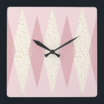 Mid Century Modern Pink Argyle Square Wall Clock<br><div class="desc">This Mid Century Modern Pink Argyle Square Acrylic Wall Clock (large print) pattern features a First Lady pink background and a pattern of mod, translucent, blush diamonds overlaying larger, vintage cream diamonds with gold colored, space age speckles. This minimalist inspired, deconstructed argyle is a simplistic throwback of the larger than...</div>