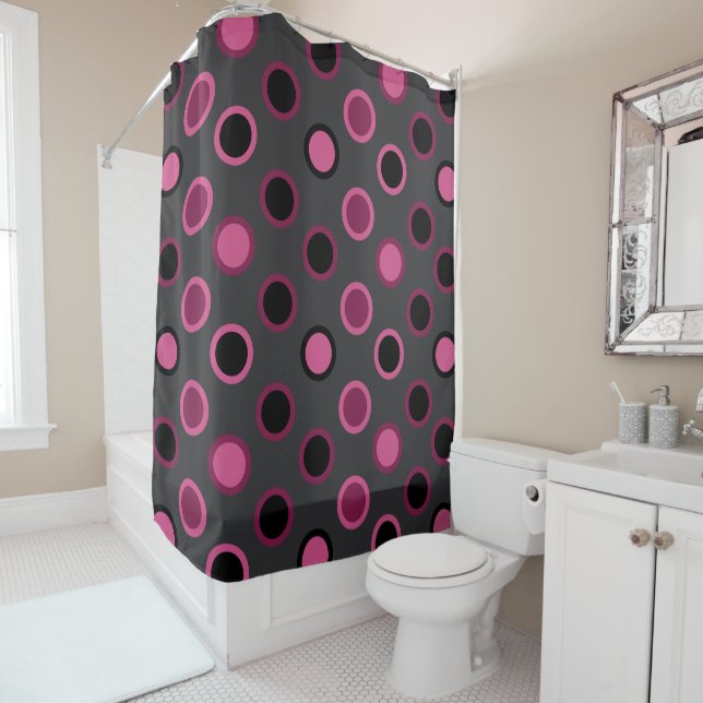 Mid-Century Modern pink, black and gray dots   Shower Curtain (In Situ)