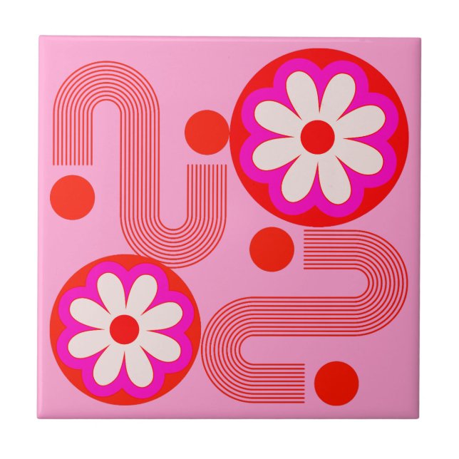 Mid Century Modern Pink Floral Abstract Retro  Ceramic Tile (Front)