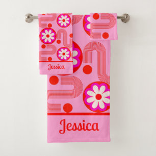 Mid Century Modern Pink Floral Pattern with Name  Bath Towel Set