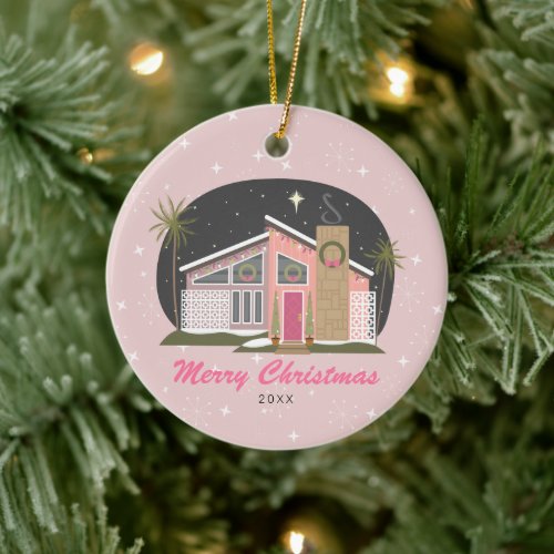 Mid Century Modern Pink House Christmas Ceramic Or Ceramic Ornament