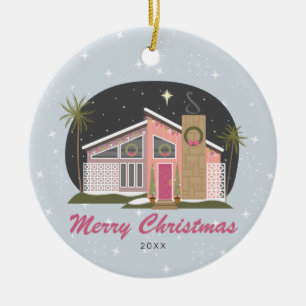 Mid Century Modern Pink House Christmas Ceramic Ornament