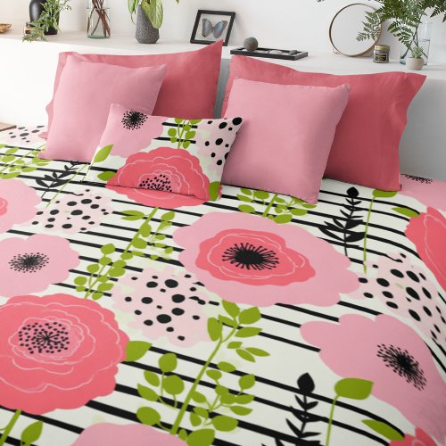 Mid Century Modern Pink Poppy Floral Pattern Duvet Cover