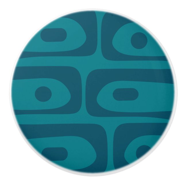 Mid Century Modern Piquet Abstract Pattern Teal Ceramic Knob (Front)