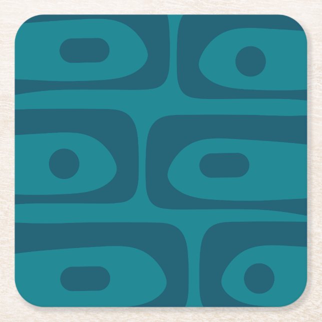 Mid Century Modern Piquet Abstract Pattern Teal Square Paper Coaster (Front)