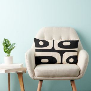 Mid Century Modern Piquet Minimalist Black Cream Lumbar Pillow