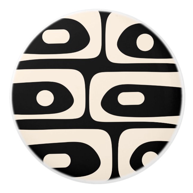 Mid-century Modern Piquet Pattern Black & Cream Ceramic Knob (Front)