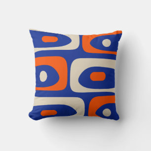 Mid-century Modern Piquet Pattern Blue and Orange Throw Pillow