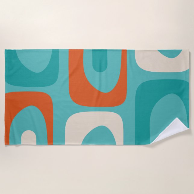 Mid-century Modern Piquet Pattern Teal Orange Beach Towel (Front)