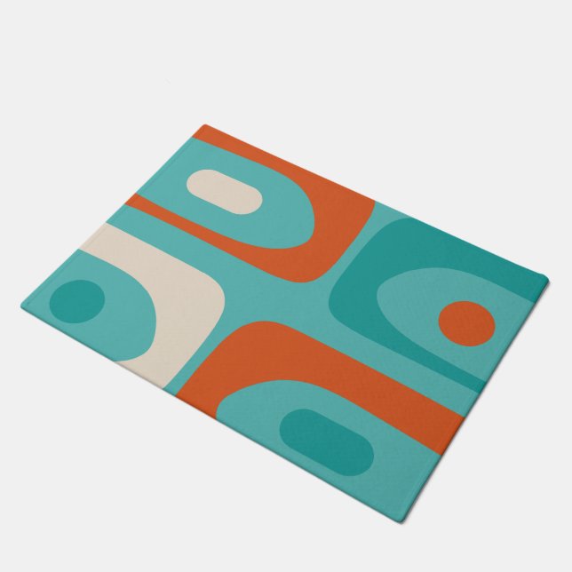 Mid-century Modern Piquet Pattern Teal Orange Doormat (Angled)