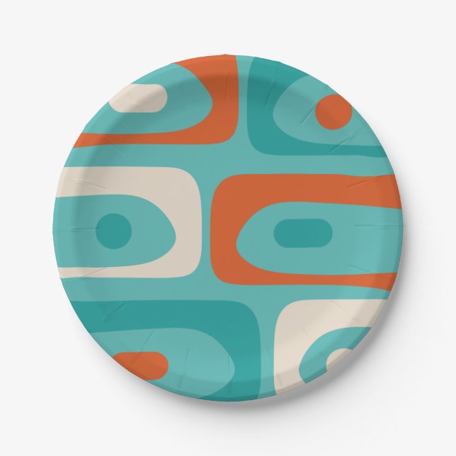 Mid-century Modern Piquet Pattern Teal Orange Paper Plates (Front)