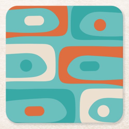 Mid_century Modern Piquet Pattern Teal Orange Square Paper Coaster
