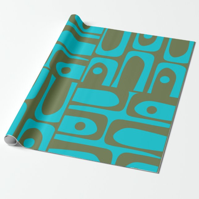Mid Century Modern Piquet Turquoise Olive Pattern Wrapping Paper (Unrolled)