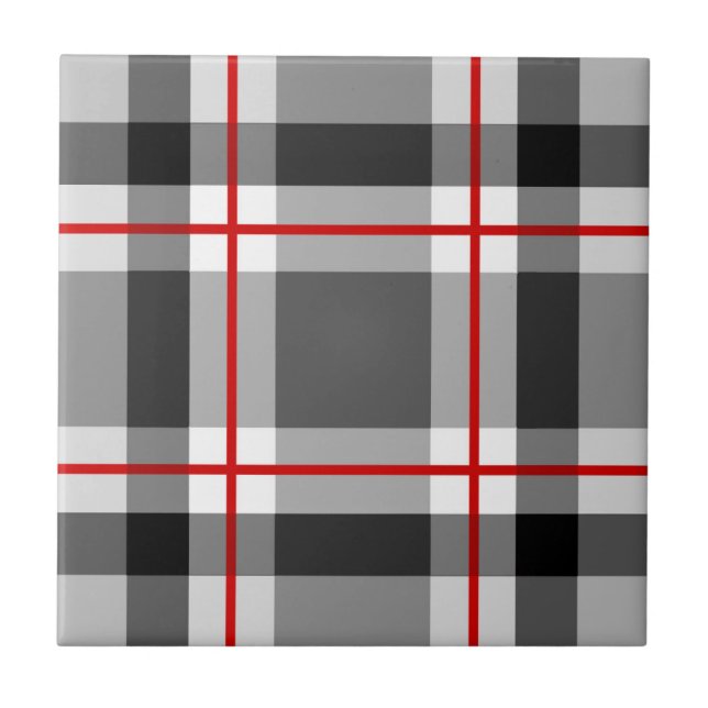 Mid-Century Modern Plaid, Black, White, Gray and R Ceramic Tile (Front)
