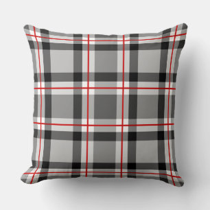 Mid-Century Modern Plaid, Black, White, Gray & Red Throw Pillow