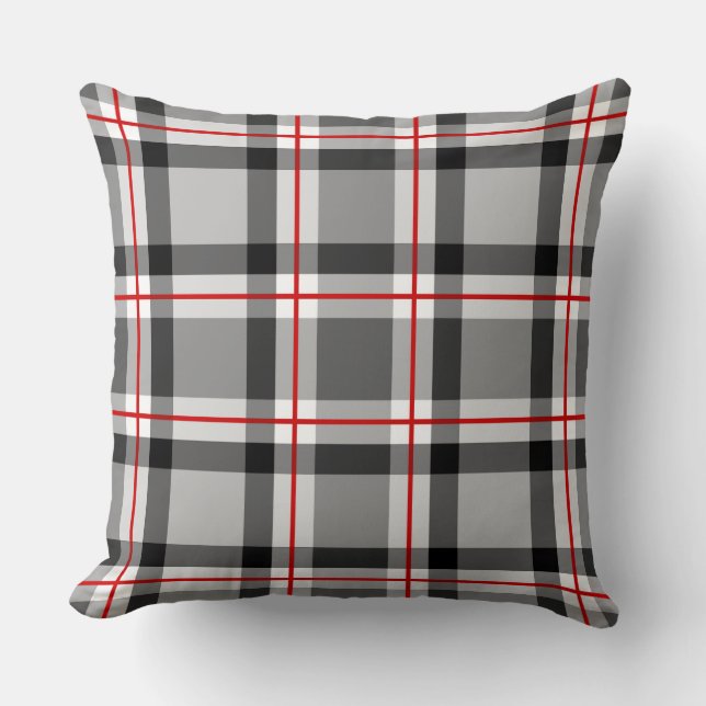 Mid-Century Modern Plaid, Black, White, Gray & Red Throw Pillow (Front)