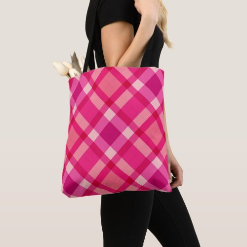 Mid_Century Modern Plaid Fuchsia Pink and Wine Tote Bag