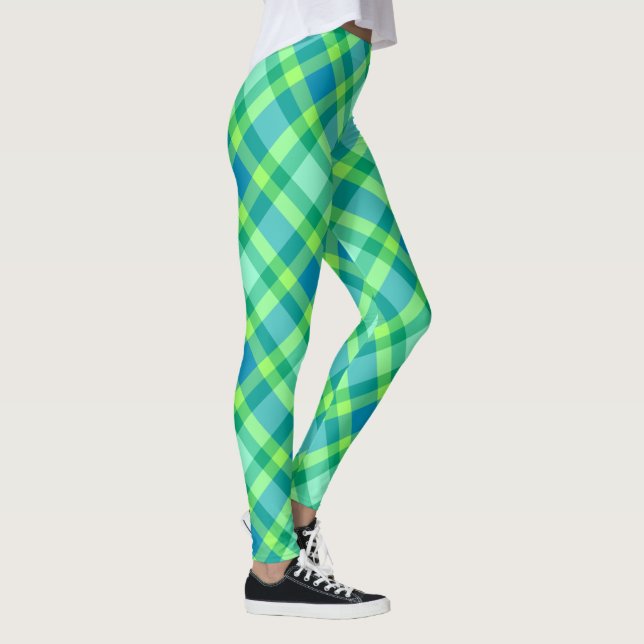 Mid-Century Modern Plaid - Jade green and Blue Leggings (Right)