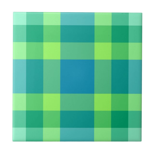 Mid-Century Modern Plaid, Jade Green & Turquoise Ceramic Tile (Front)