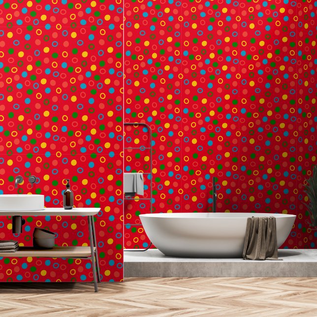 Mid century modern polka dot red peel and stick wallpaper  (Bathroom)