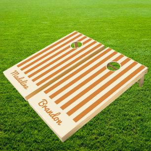 Mid-Century Modern Polo Striping Burnt Honey Names Cornhole Set