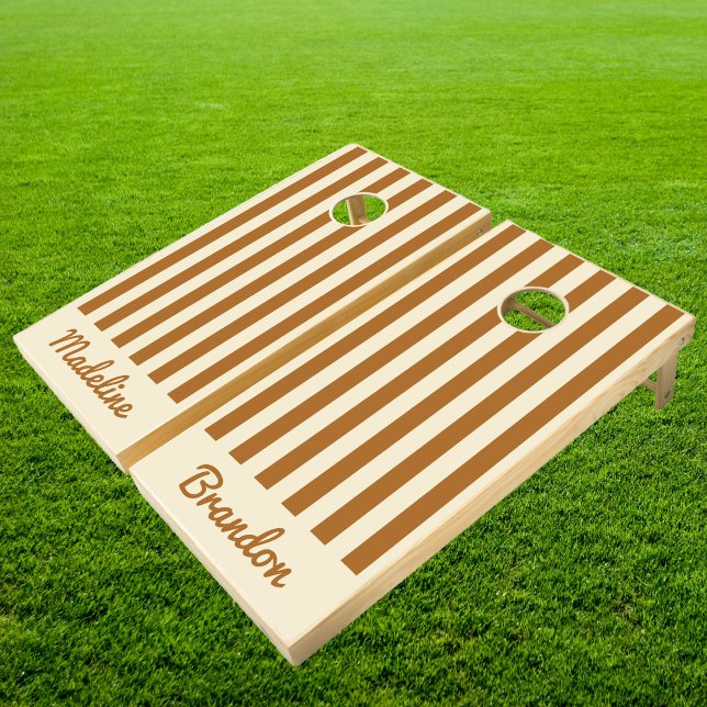 Mid-Century Modern Polo Striping Burnt Sand Names Cornhole Set (Creator Uploaded)