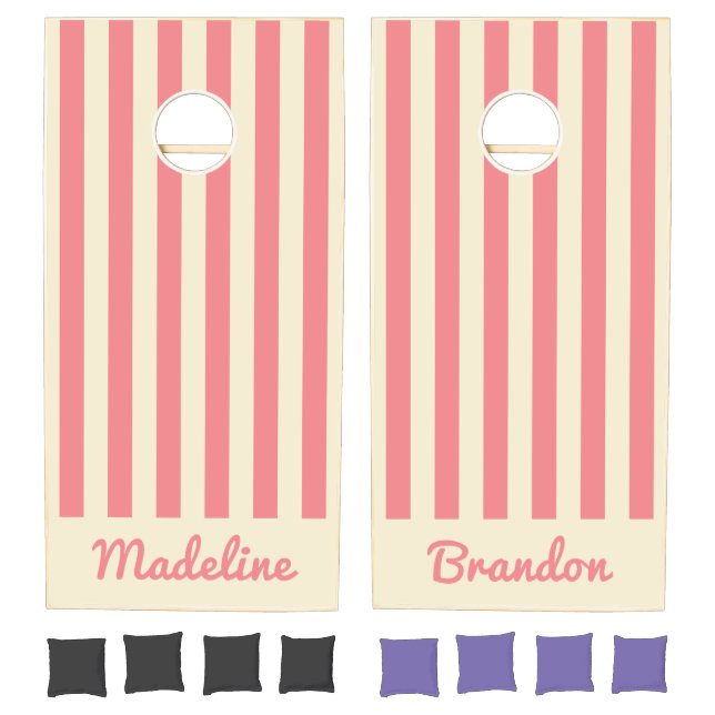 Mid-Century Modern Polo Striping Peach Names Cornhole Set (Set)