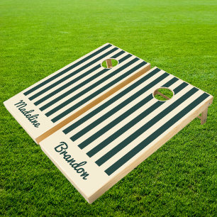 Mid-Century Modern Polo Striping Sage Green Names Cornhole Set