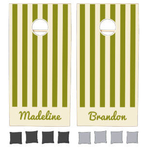 Mid-Century Modern Polo Striping Warm Olive Names Cornhole Set