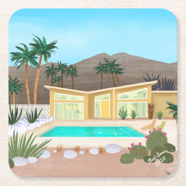 Mid Century Modern Pool House Square Paper Coaster (Front)