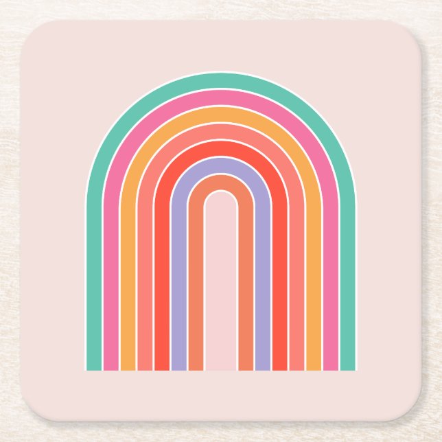 Mid Century Modern Rainbow Square Paper Coaster (Front)