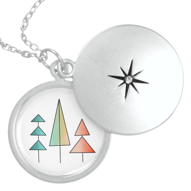 mid century modern rainbow trees blush teal simple locket necklace (Front)