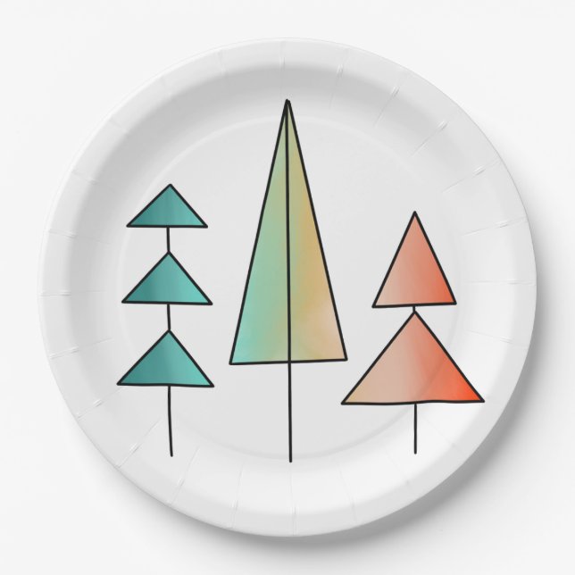 mid century modern rainbow trees blush teal simple paper plates (Front)