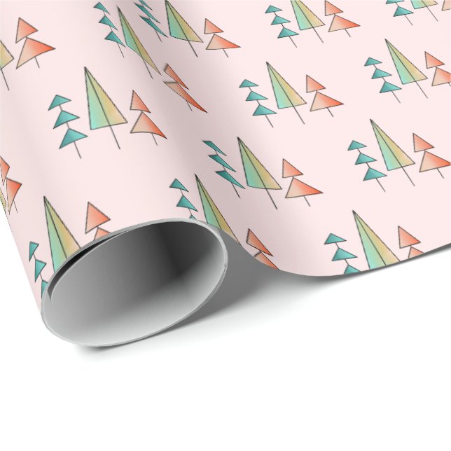 mid century modern rainbow trees blush teal simple wrapping paper (Roll Corner)