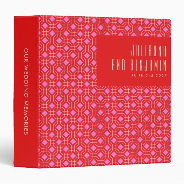Mid Century Modern Red and Pink Geometric Wedding  3 Ring Binder (Front/Spine)